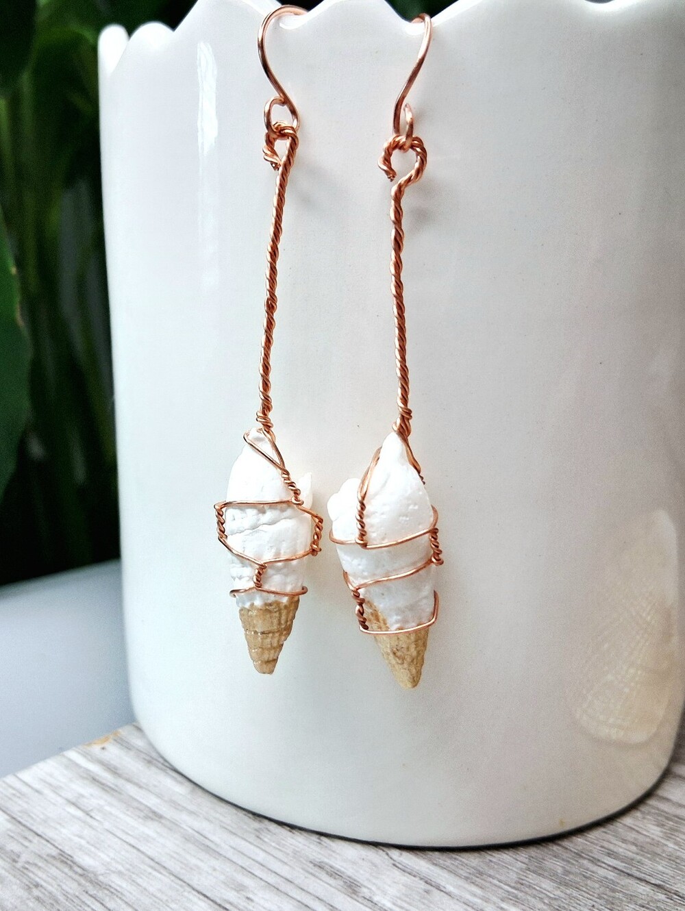 Copper Wire White Shell Cone Dangle Earrings